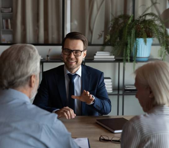 Happy confident lawyer, realtor, notary, financial advisor giving consultation