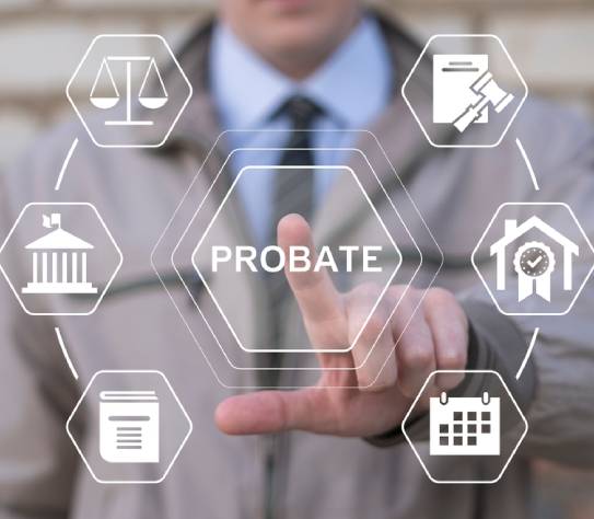 Man working on virtual touch screen presses word PROBATE. Probate
